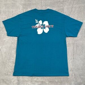 Trader Joe’s Graphic T Shirt XL Teal Cotton Hibiscus Casual Short Sleeve Floral